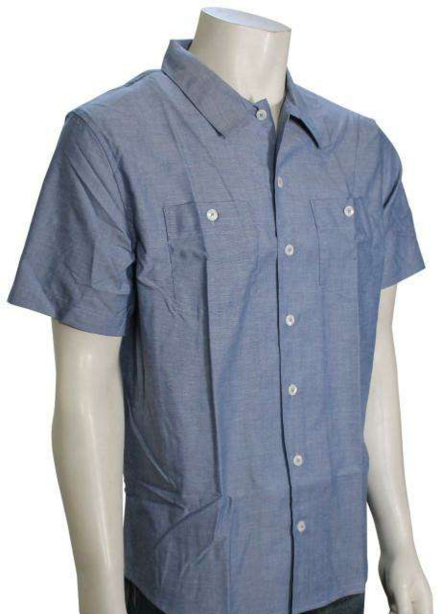 Apparel * | Less Expensive Rvca Day Shift Ss Button Down Shirt Blue Chambray